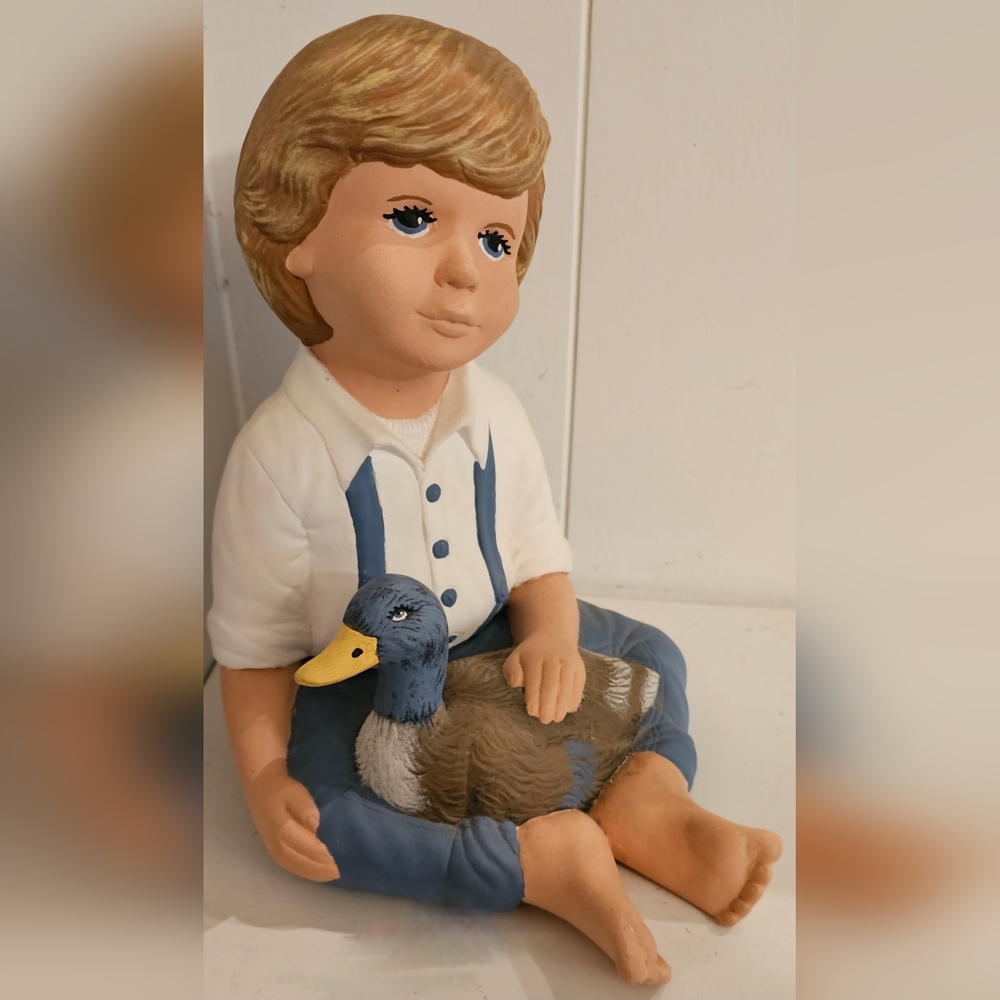 Vintage Boy Figurine with Duck handpainted vintage garden decor home decor boy